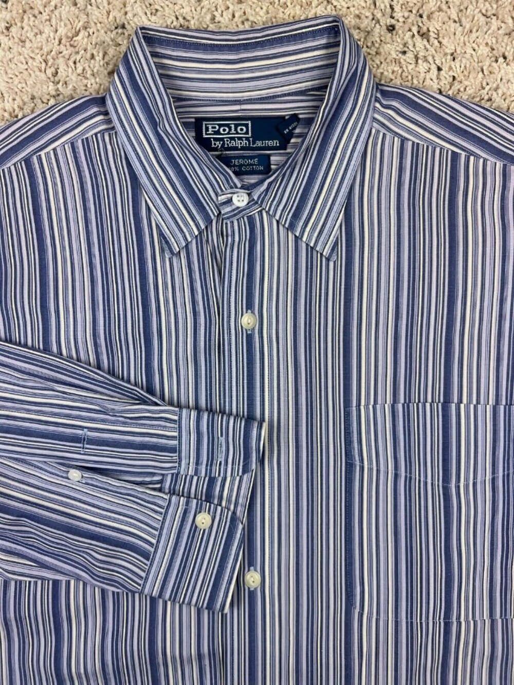 Polo Ralph Lauren Shirt Men's Medium Jerome Blue White Striped Button Up Cotton